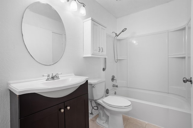 736 Lee St, Mesquite, TX 75149 - bathroom with toilet, vanity, tile patterned floors, tub / shower combination, and a textured ceiling