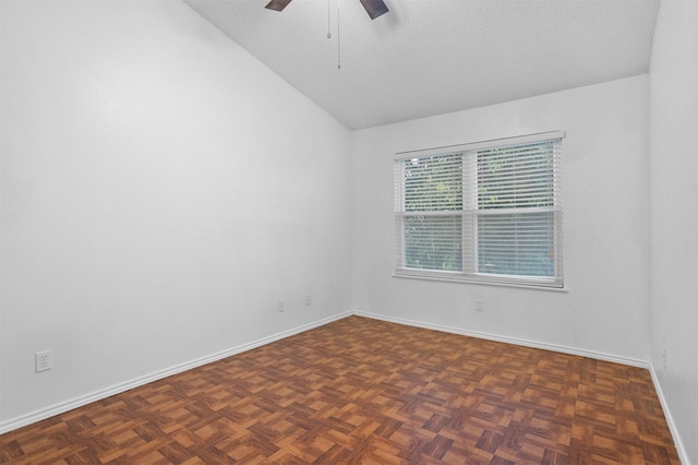 736 Lee St, Mesquite, TX 75149 - unfurnished room with lofted ceiling, a ceiling fan, baseboards, and a textured ceiling