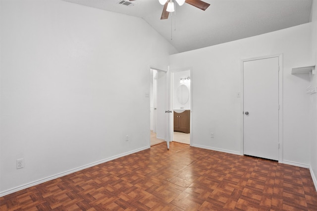 736 Lee St, Mesquite, TX 75149 - unfurnished bedroom featuring baseboards, connected bathroom, high vaulted ceiling, and a ceiling fan