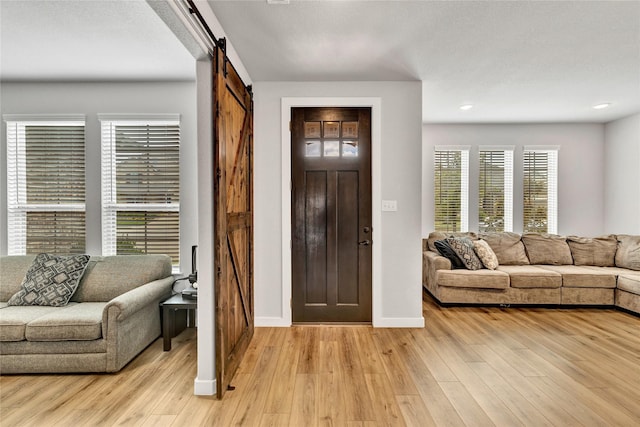 14521 Home Trl, Fort Worth, TX 76262 - foyer entrance with a barn door, light wood-style floors, baseboards, and recessed lighting