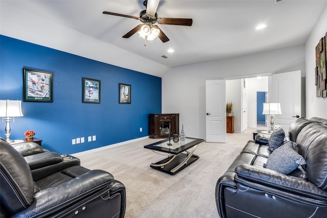 1417 Madrid Falls Dr, Mckinney, TX 75071 - living room featuring lofted ceiling, a ceiling fan, carpet, and baseboards