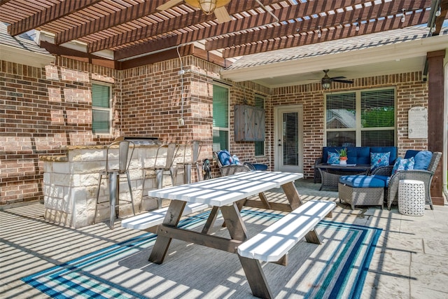 1417 Madrid Falls Dr, Mckinney, TX 75071 - view of patio with a pergola, outdoor lounge area, a ceiling fan, and outdoor dining space