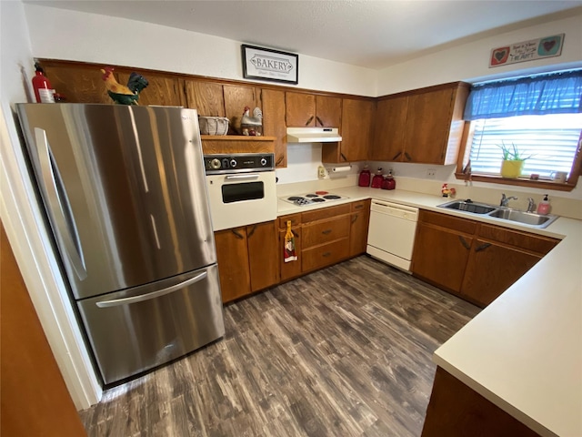 kitchen featuring white appliances, under cabinet range hood, a sink, brown cabinets, and light countertops