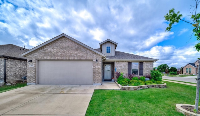 2400 Briarhurst Ct, Denton, TX 76207 - view of front of property featuring an attached garage, a front yard, driveway, brick siding, and a shingled roof