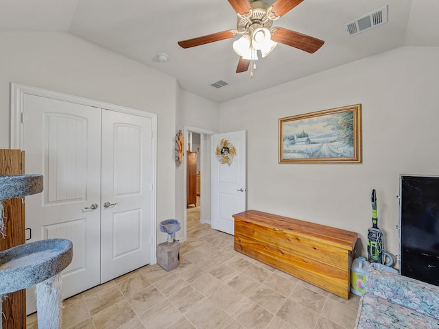 2400 Briarhurst Ct, Denton, TX 76207 - bedroom with vaulted ceiling, a closet, and a ceiling fan