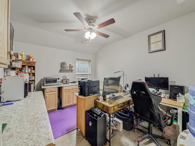 2400 Briarhurst Ct, Denton, TX 76207 - office area featuring a ceiling fan, lofted ceiling, and light tile patterned flooring