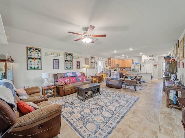 2400 Briarhurst Ct, Denton, TX 76207 - living room featuring a ceiling fan and recessed lighting