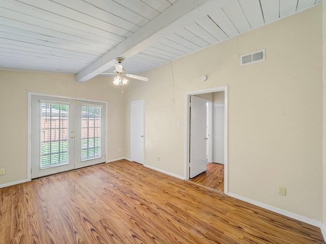 744 Greenhaven Dr, Richardson, TX 75080 - unfurnished room featuring french doors, a ceiling fan, beamed ceiling, wood finished floors, and baseboards