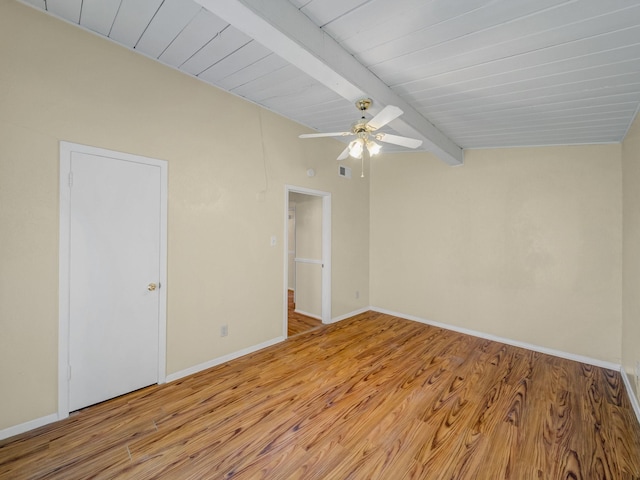744 Greenhaven Dr, Richardson, TX 75080 - empty room featuring beamed ceiling, baseboards, light wood-type flooring, ceiling fan, and wood ceiling