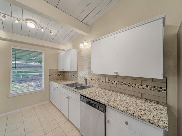 744 Greenhaven Dr, Richardson, TX 75080 - kitchen featuring dishwasher, a sink, tasteful backsplash, white cabinets, and beamed ceiling
