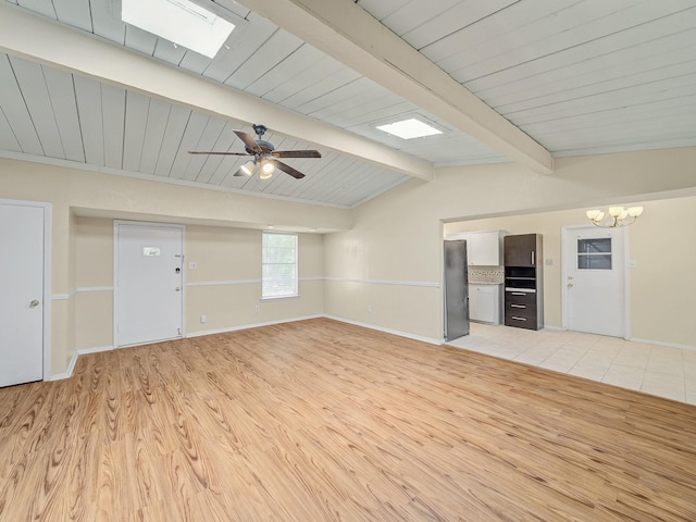 744 Greenhaven Dr, Richardson, TX 75080 - unfurnished living room featuring light wood-type flooring, a chandelier, baseboards, ceiling fan, and wood ceiling