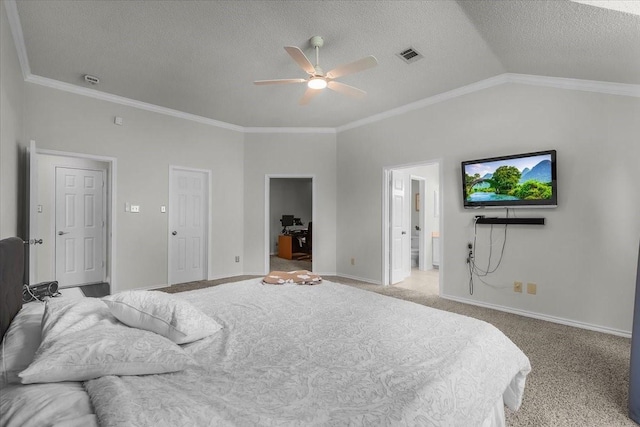 bedroom with a textured ceiling, light colored carpet, baseboards, crown molding, and lofted ceiling