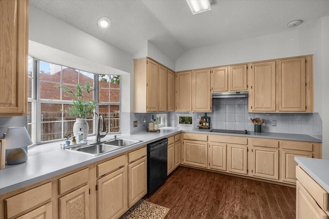 kitchen featuring black appliances, light brown cabinets, a sink, under cabinet range hood, and dark wood-style flooring