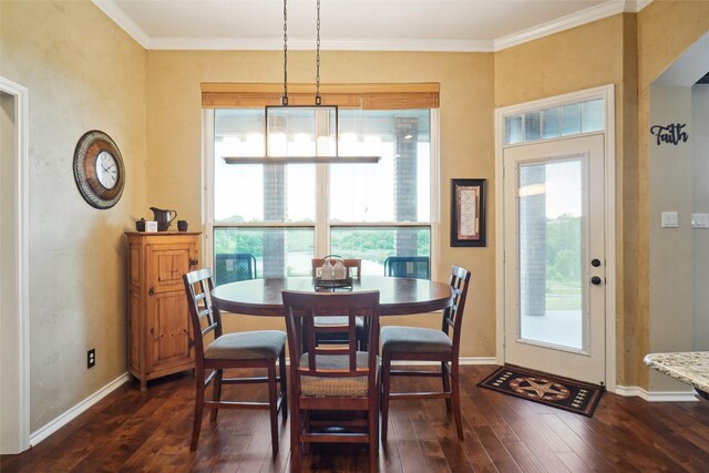 7300 Bishop Ct, Fort Worth, TX 76179 - dining room featuring dark wood-type flooring, baseboards, and ornamental molding