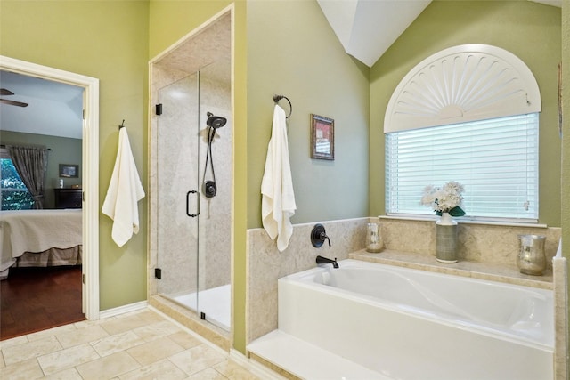 7300 Bishop Ct, Fort Worth, TX 76179 - ensuite bathroom with a bath, a stall shower, and lofted ceiling