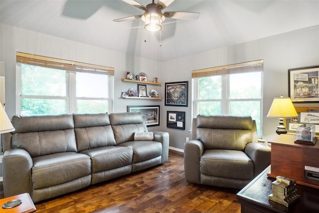 7300 Bishop Ct, Fort Worth, TX 76179 - living area featuring dark wood-style floors, lofted ceiling, and a ceiling fan