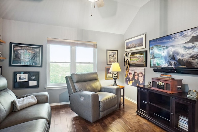 7300 Bishop Ct, Fort Worth, TX 76179 - living area featuring lofted ceiling, ceiling fan, dark wood-style flooring, and baseboards