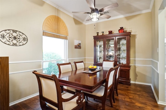 7300 Bishop Ct, Fort Worth, TX 76179 - dining room featuring a ceiling fan, dark wood finished floors, ornamental molding, and baseboards