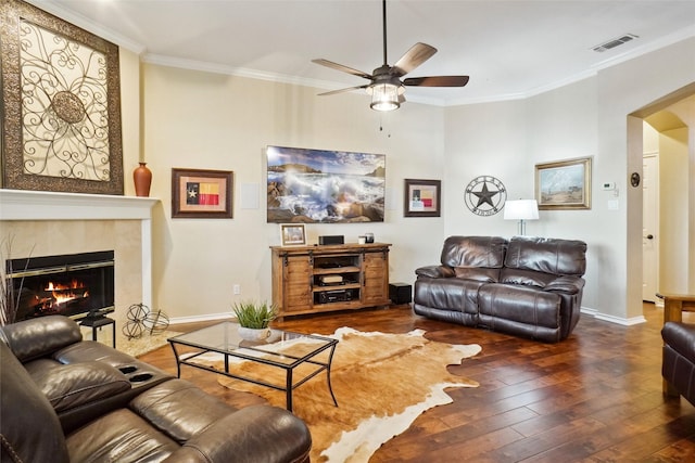 7300 Bishop Ct, Fort Worth, TX 76179 - living area with a ceiling fan, wood-type flooring, ornamental molding, a fireplace, and baseboards