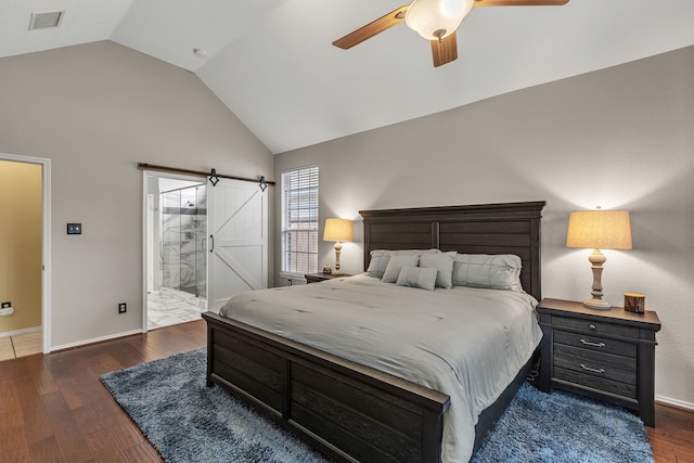533 Cameron Ln, Allen, TX 75002 - bedroom featuring wood finished floors, ceiling fan, baseboards, ensuite bath, and high vaulted ceiling