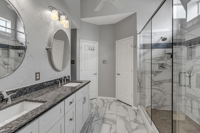 533 Cameron Ln, Allen, TX 75002 - bathroom with a shower stall, marble finish floors, ceiling fan, and double vanity