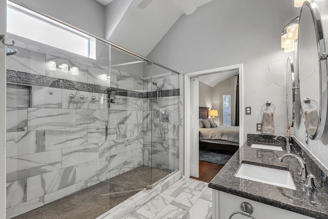 533 Cameron Ln, Allen, TX 75002 - ensuite bathroom featuring marble finish floors, a stall shower, and double vanity