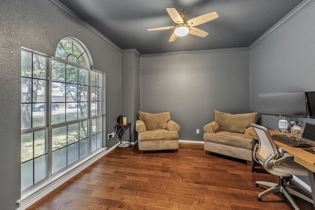 533 Cameron Ln, Allen, TX 75002 - office area featuring wood-type flooring, ornamental molding, ceiling fan, and baseboards