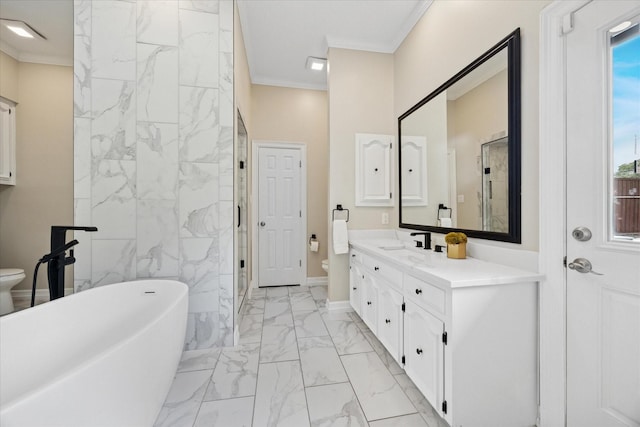full bathroom with marble finish floors, crown molding, toilet, a stall shower, and tile walls