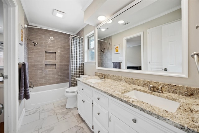 bathroom featuring crown molding, shower / bathtub combination with curtain, toilet, marble finish floors, and double vanity