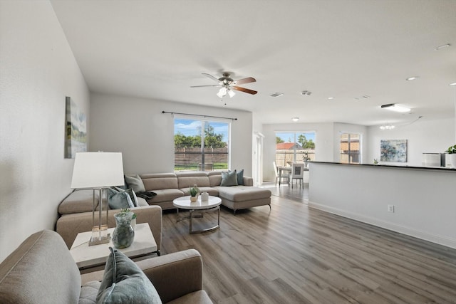 4800 Blue Top Dr, Fort Worth, TX 76179 - living room featuring wood finished floors, ceiling fan, baseboards, and recessed lighting