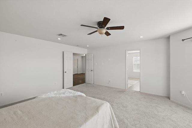 4800 Blue Top Dr, Fort Worth, TX 76179 - bedroom with light colored carpet, recessed lighting, ceiling fan, ensuite bathroom, and baseboards