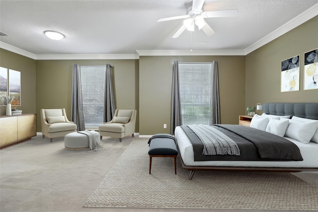 6748 Bastille Dr, Plano, TX 75024 - bedroom with carpet, crown molding, a textured ceiling, ceiling fan, and baseboards