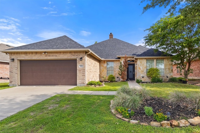 503 Sundrop Dr, Fate, TX 75132 - view of front of property with a front yard, a chimney, a garage, driveway, and roof with shingles