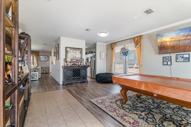 503 Sundrop Dr, Fate, TX 75132 - recreation room featuring wood finished floors, ornamental molding, and billiards