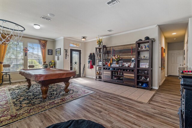 503 Sundrop Dr, Fate, TX 75132 - rec room featuring wood finished floors, pool table, crown molding, and baseboards