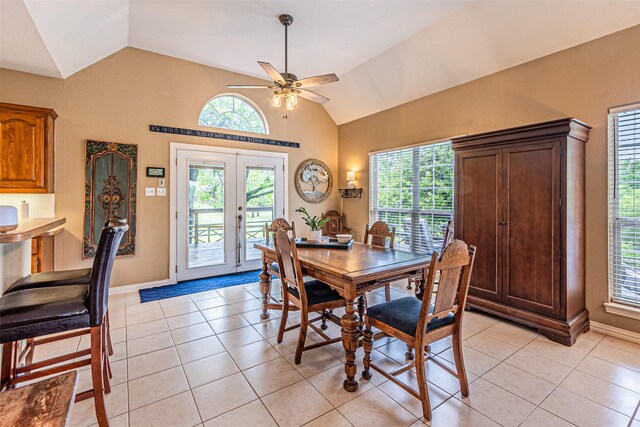 356 Old Justin Rd, Argyle, TX 76226 - dining space featuring vaulted ceiling, french doors, ceiling fan, light tile patterned floors, and baseboards