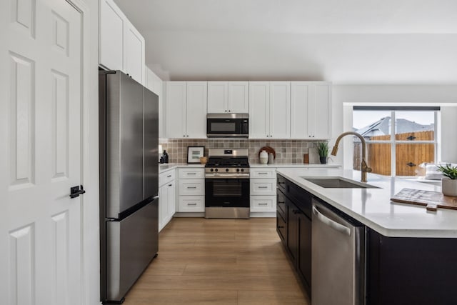 12306 Ark Rd, Frisco, TX 75035 - kitchen with stainless steel appliances, a sink, light countertops, decorative backsplash, and wood finished floors