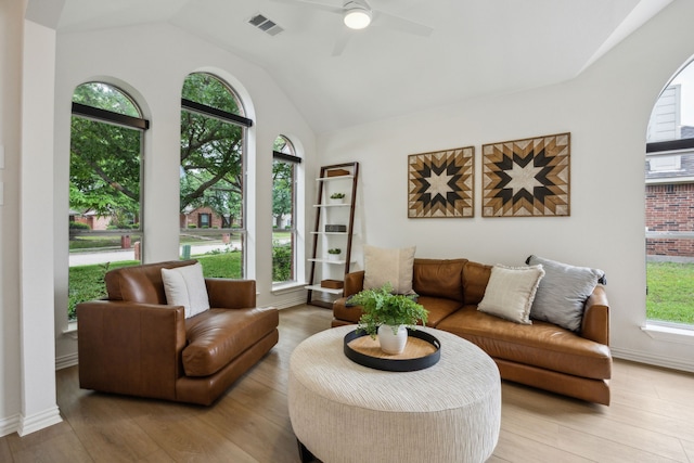12306 Ark Rd, Frisco, TX 75035 - living room with lofted ceiling, healthy amount of natural light, a ceiling fan, and light wood finished floors