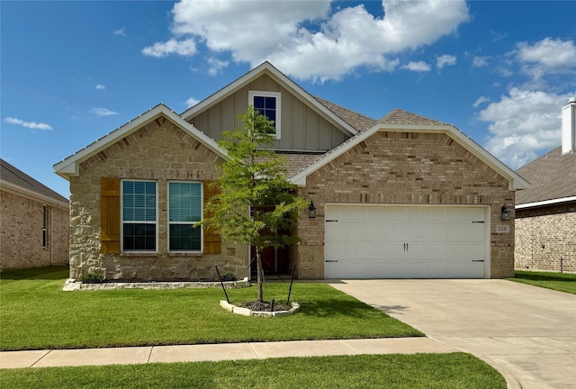 520 Mustang Ln, Pilot Point, TX 76258 - view of front of house featuring board and batten siding, a front lawn, driveway, a garage, and brick siding