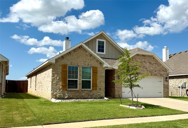 520 Mustang Ln, Pilot Point, TX 76258 - view of front of home with board and batten siding, stone siding, driveway, a garage, and a chimney