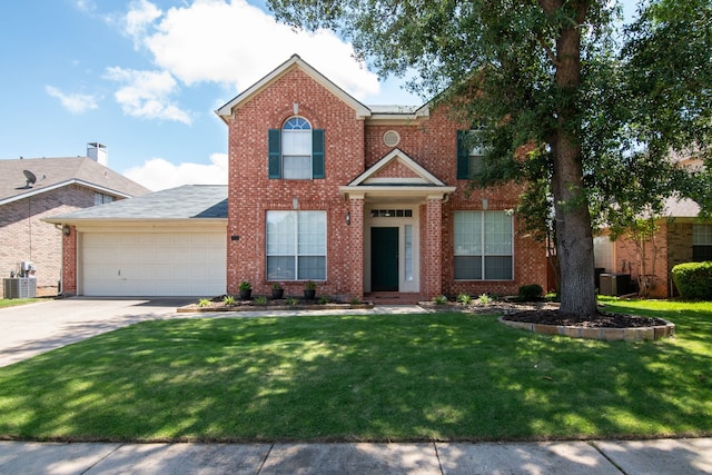 view of front of home featuring a garage, driveway, brick siding, and a front yard