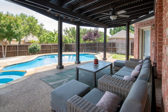 view of pool featuring a patio area, a fenced backyard, an outdoor living space, ceiling fan, and a pool with connected hot tub