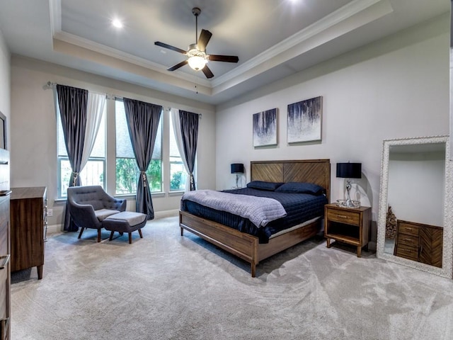 4400 Bristleleaf Ln, Prosper, TX 75078 - bedroom featuring carpet, crown molding, a tray ceiling, baseboards, and ceiling fan