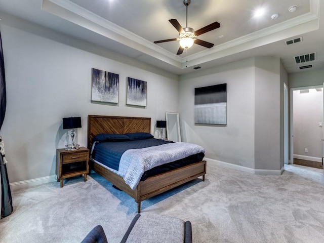 4400 Bristleleaf Ln, Prosper, TX 75078 - carpeted bedroom with a tray ceiling, crown molding, baseboards, and a ceiling fan
