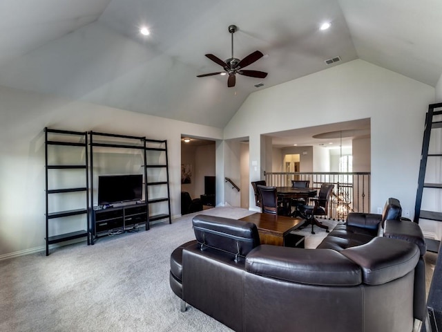 4400 Bristleleaf Ln, Prosper, TX 75078 - carpeted living room featuring lofted ceiling, ceiling fan, and baseboards