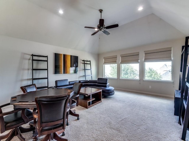 4400 Bristleleaf Ln, Prosper, TX 75078 - carpeted office featuring ceiling fan, baseboards, recessed lighting, and high vaulted ceiling