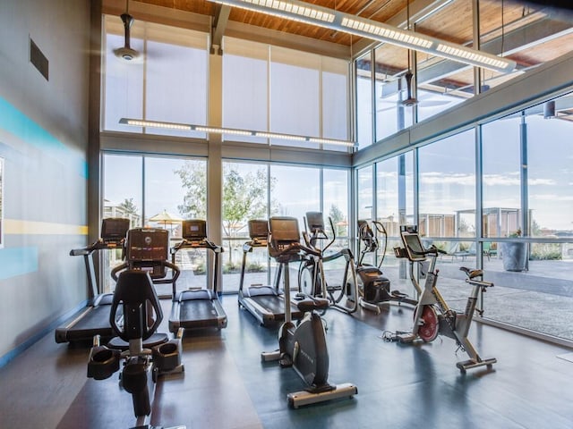 4400 Bristleleaf Ln, Prosper, TX 75078 - exercise room featuring plenty of natural light, expansive windows, a towering ceiling, and wood ceiling