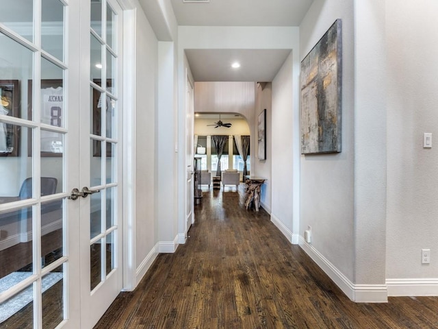 4400 Bristleleaf Ln, Prosper, TX 75078 - hallway with french doors, dark wood-style floors, baseboards, and recessed lighting