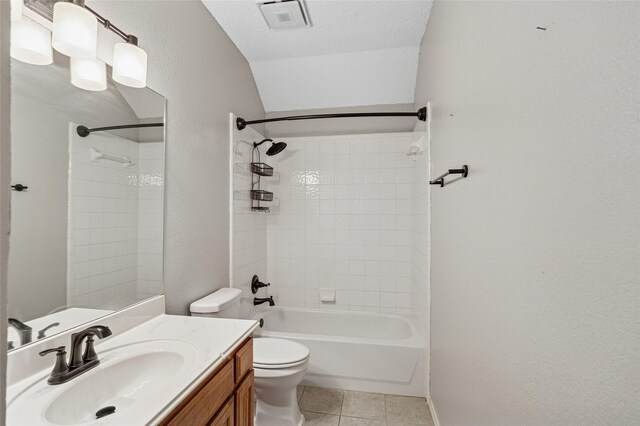 bathroom with toilet, vanity, tile patterned floors, shower / washtub combination, and lofted ceiling