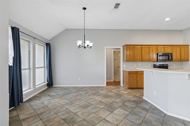 kitchen with light countertops, a chandelier, brown cabinetry, decorative light fixtures, and vaulted ceiling